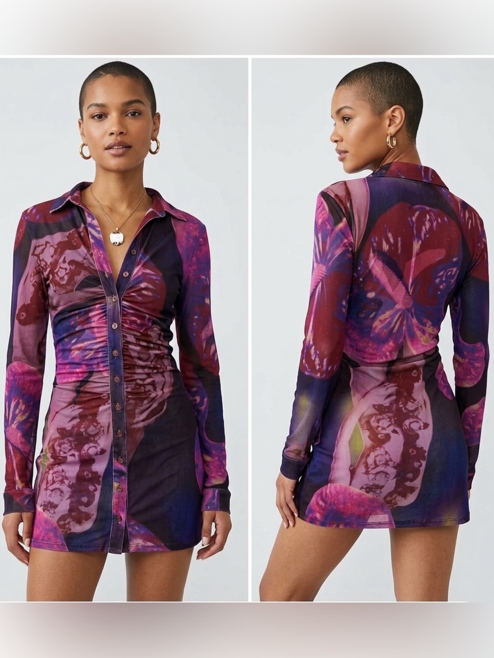 With Jean Ruched Button-Front Floral Print Long Sleeve Mini Bodycon Dress SZ XS